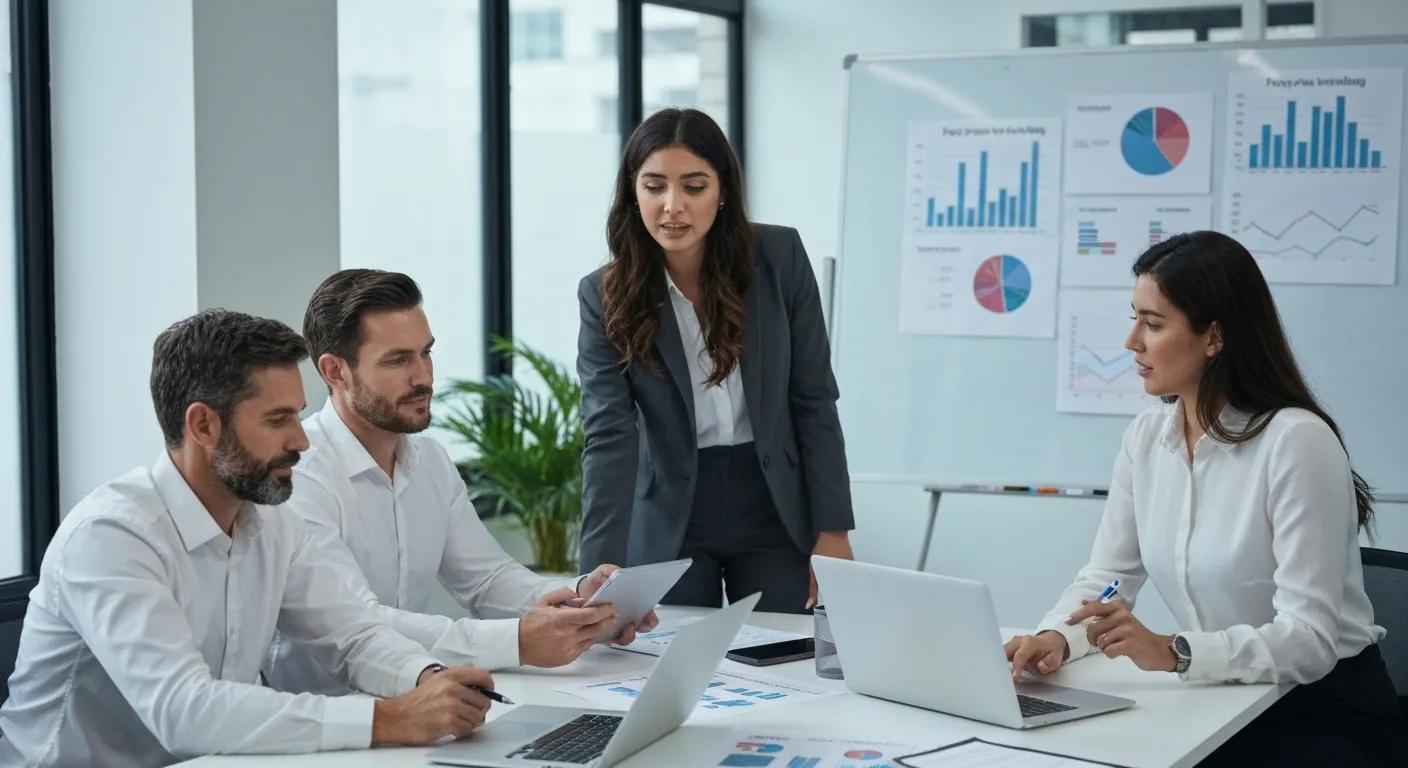 Australian business professionals collaborating on pay per lead marketing strategies in a modern office