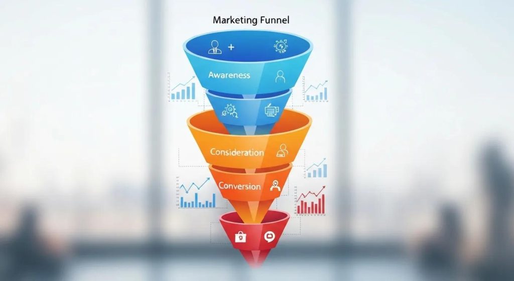 Visual representation of the marketing funnel stages: Awareness, Consideration, Conversion