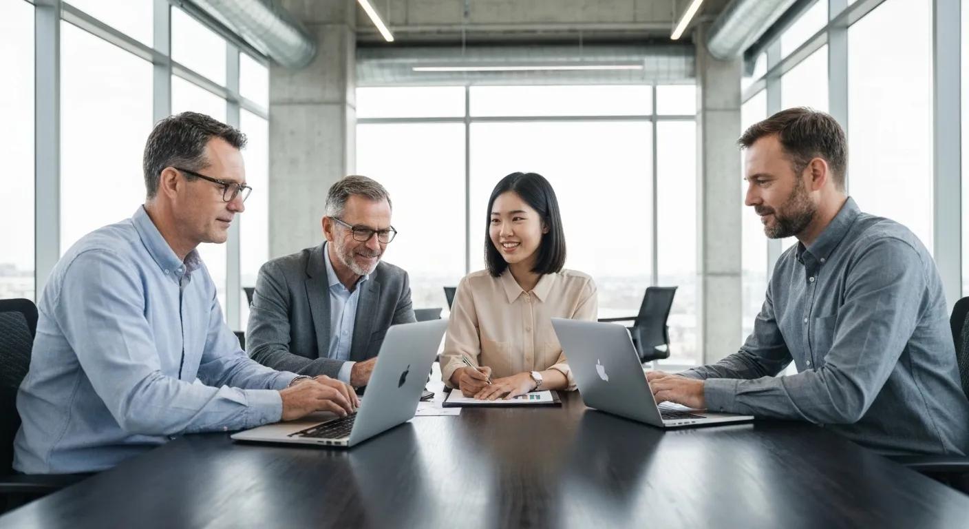 Professional team collaborating on LinkedIn advertising strategies in a modern office