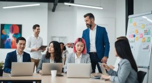 Diverse professionals collaborating on social media marketing strategies in a modern office