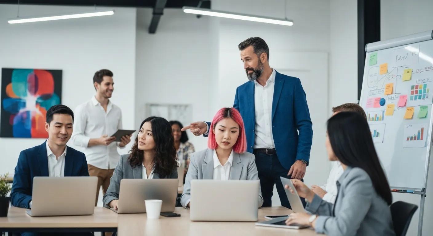 Diverse professionals collaborating on social media marketing strategies in a modern office