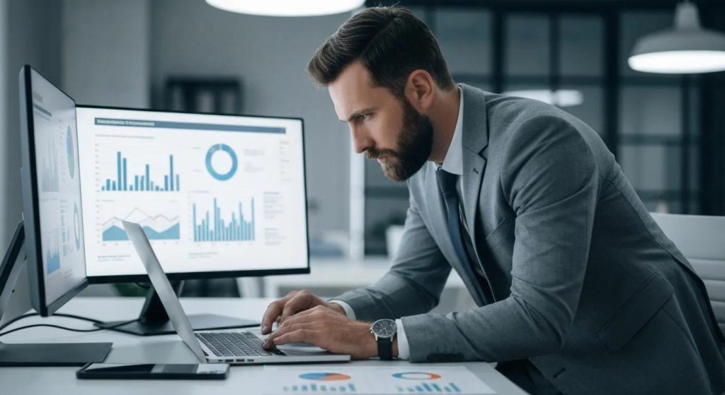 Professional analyzing data-driven marketing strategies for client success
