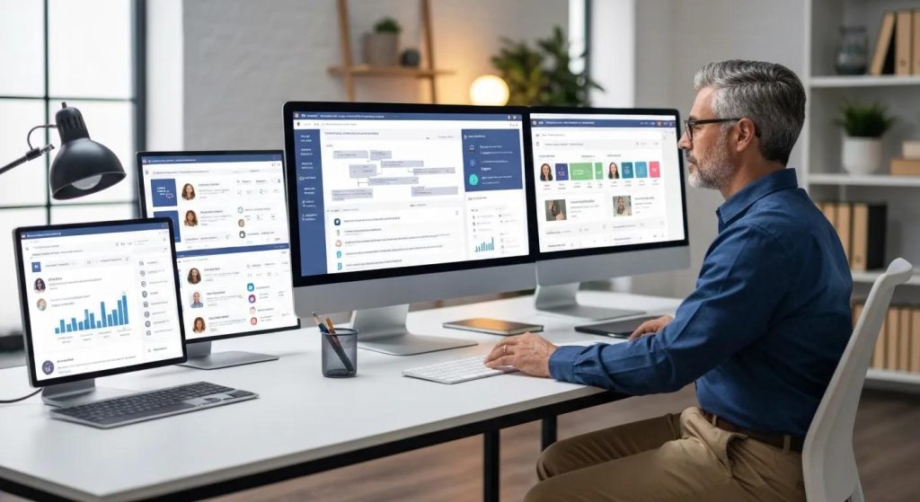 Digital marketing professional engaging with multiple platforms for lead generation and verification