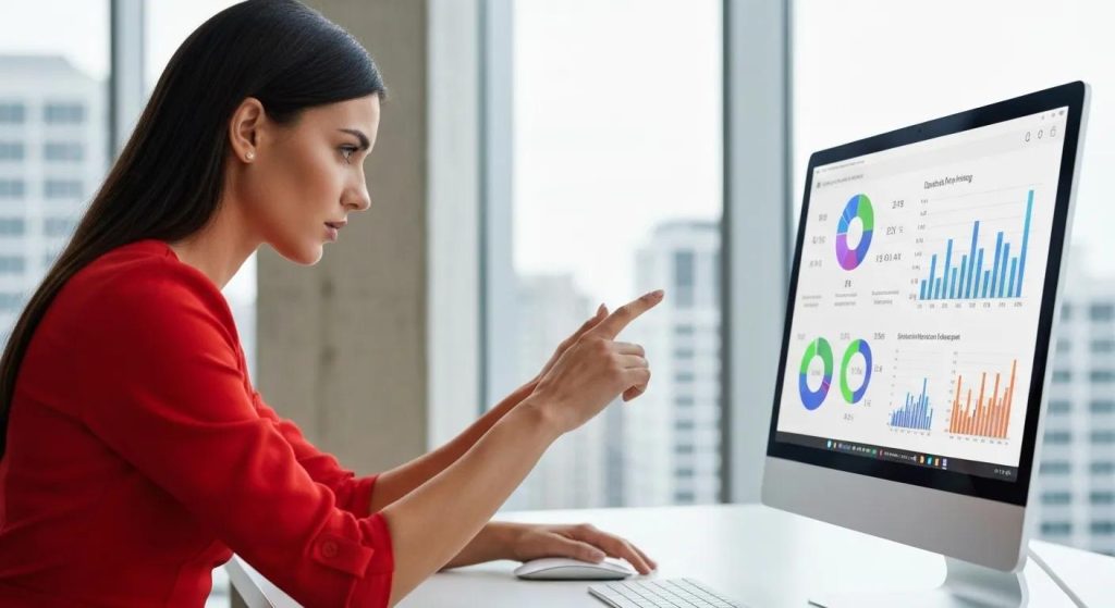 Digital marketing professional analyzing data on a screen, highlighting measurable growth and analytics