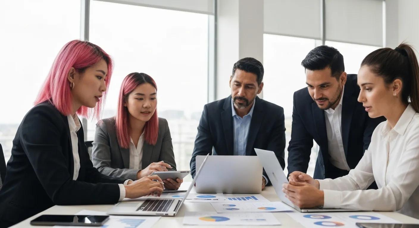 Diverse professionals collaborating on Facebook marketing strategy in a modern office