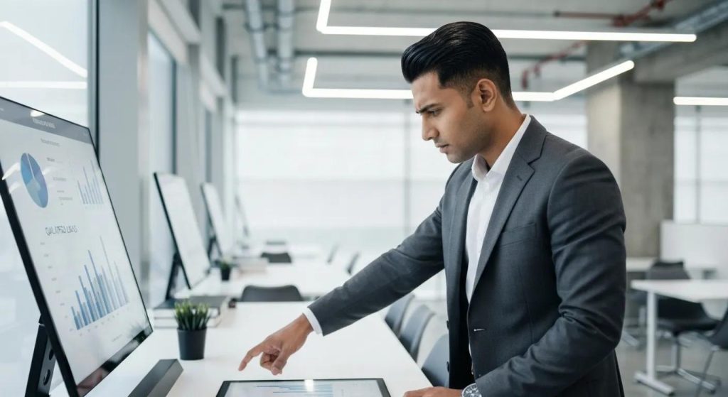 Business professional analyzing data on qualified leads in a modern workspace