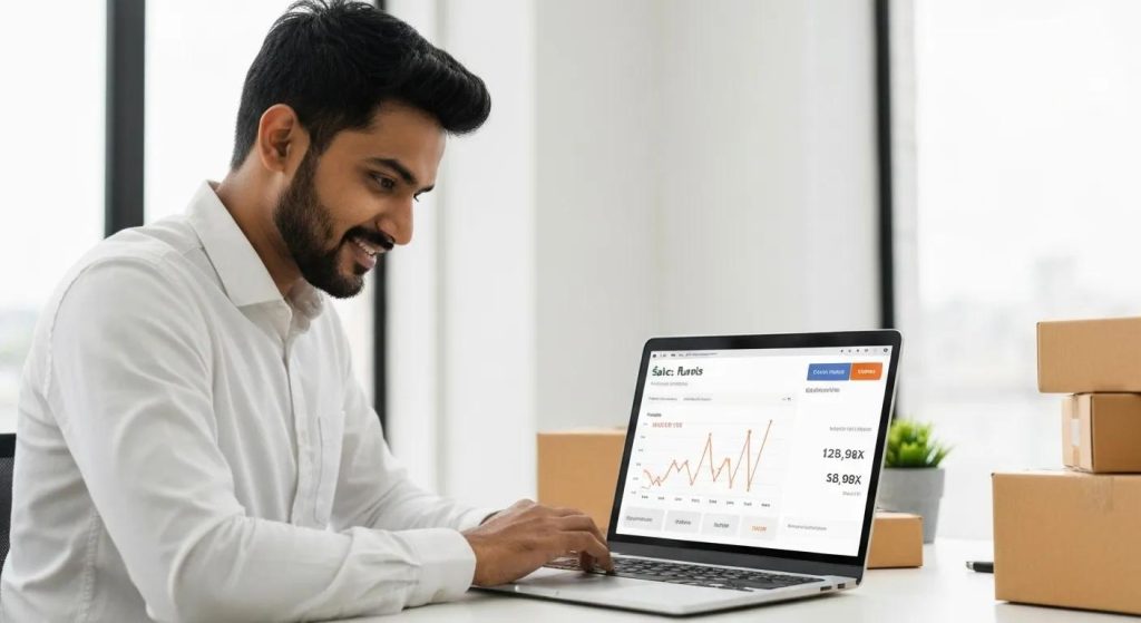 An e-commerce business owner reviewing impressive sales reports following a successful Google Ads campaign