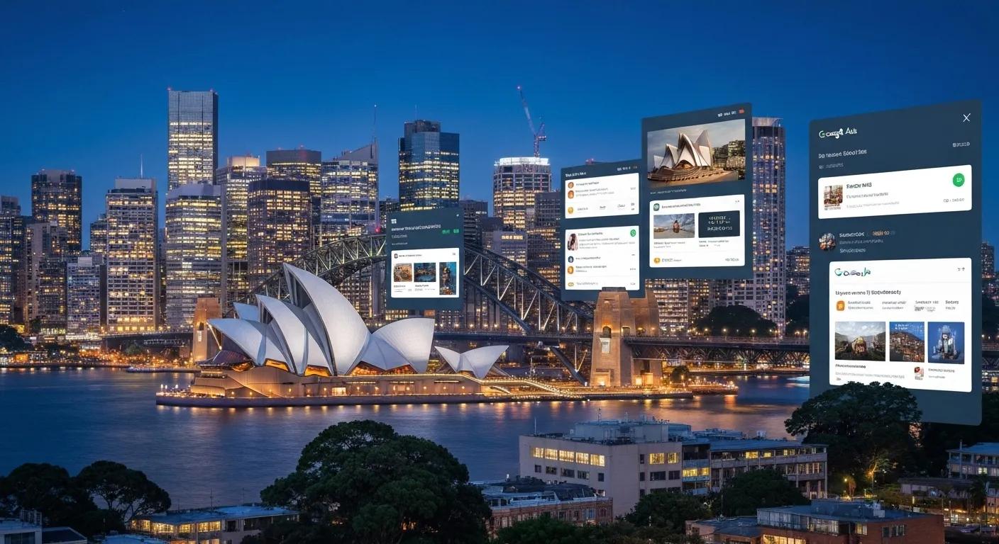 Sydney cityscape with digital advertising overlays, showcasing the power of Google Ads for local businesses