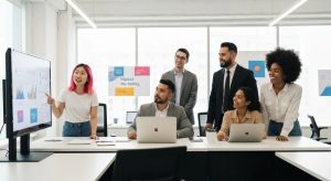 Diverse professionals collaborating in a modern office, emphasizing teamwork in digital marketing