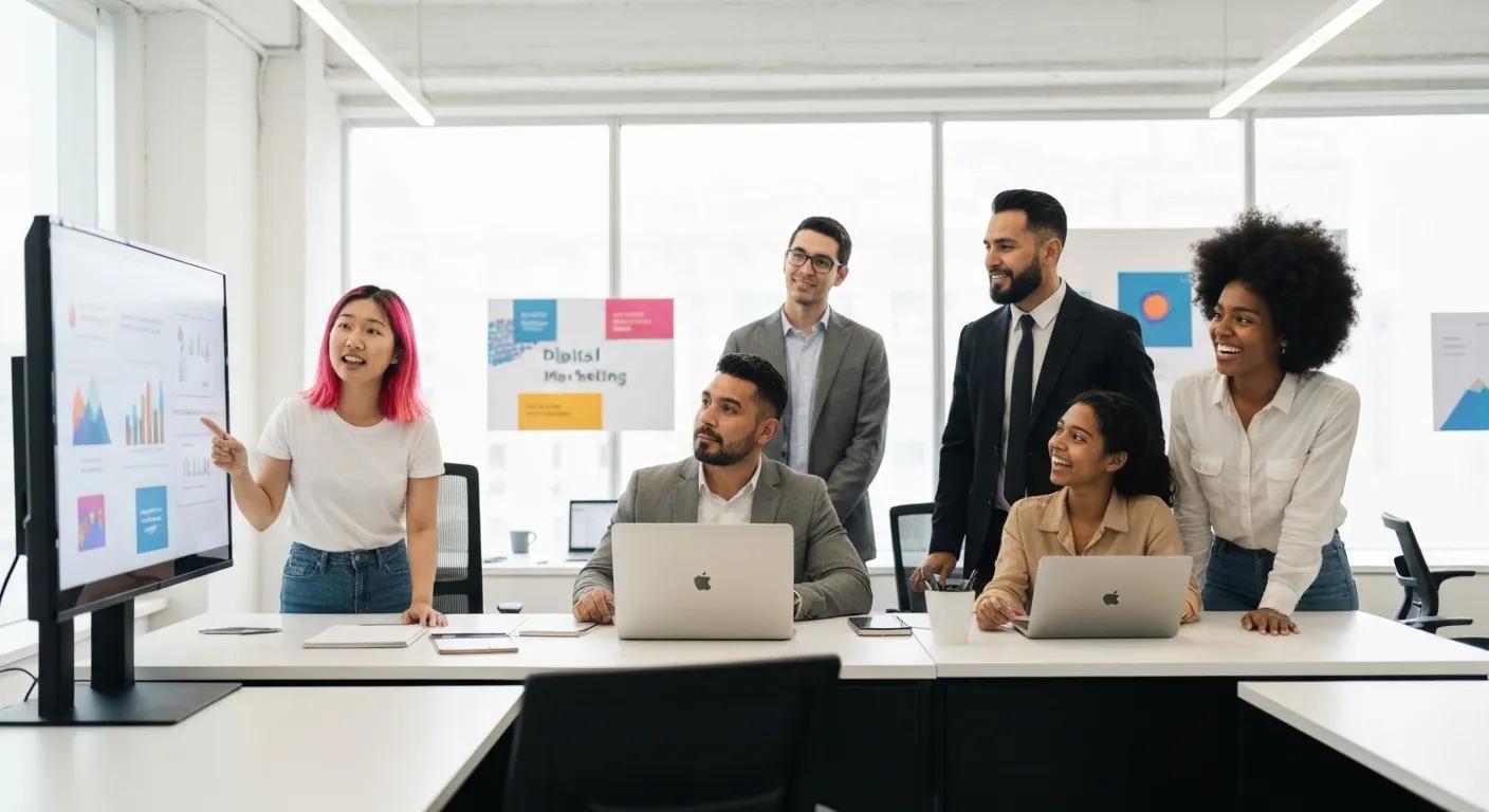 Diverse professionals collaborating in a modern office, emphasizing teamwork in digital marketing
