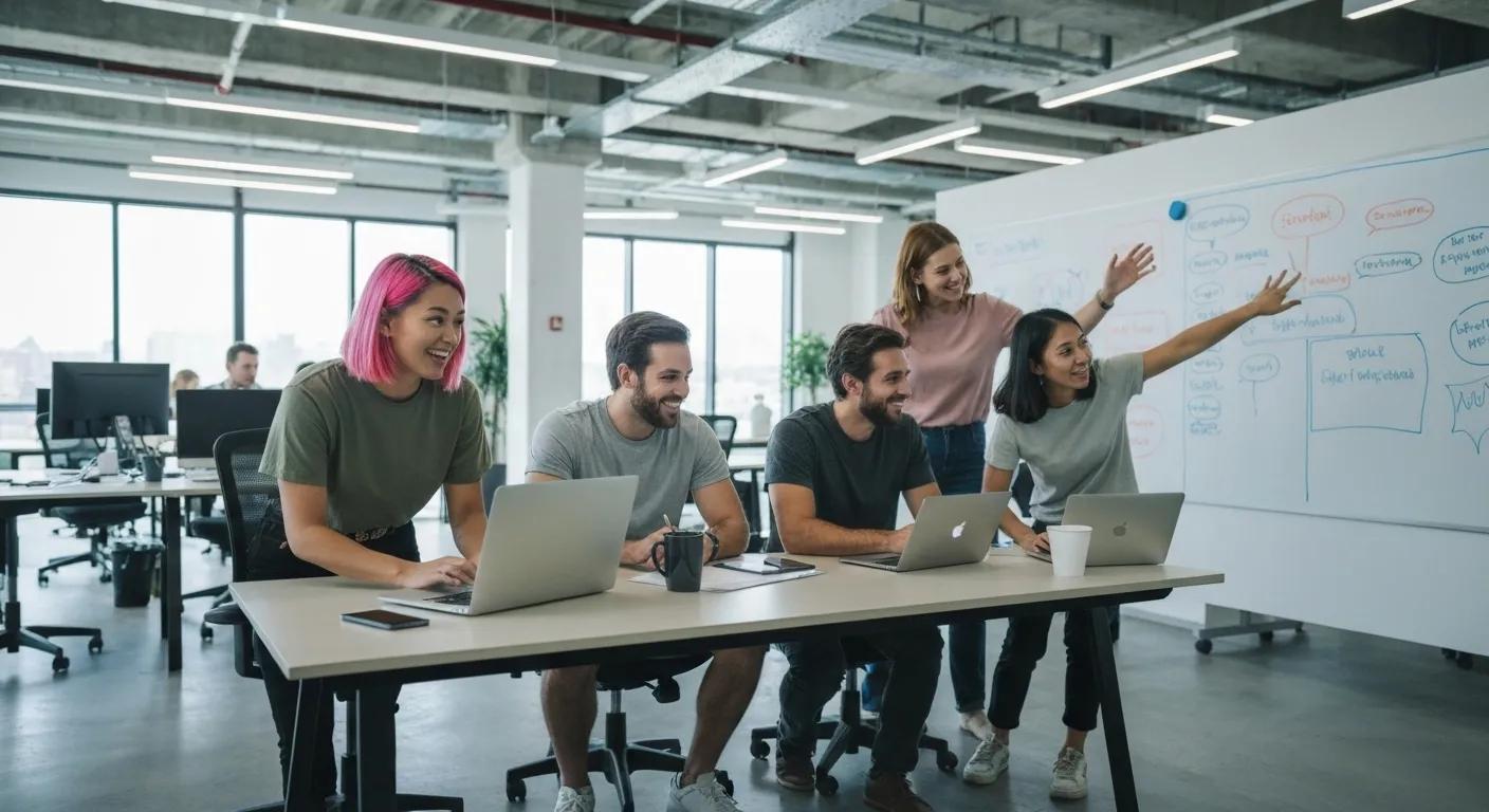 Diverse digital marketing team collaborating in a modern office, emphasizing teamwork and digital growth