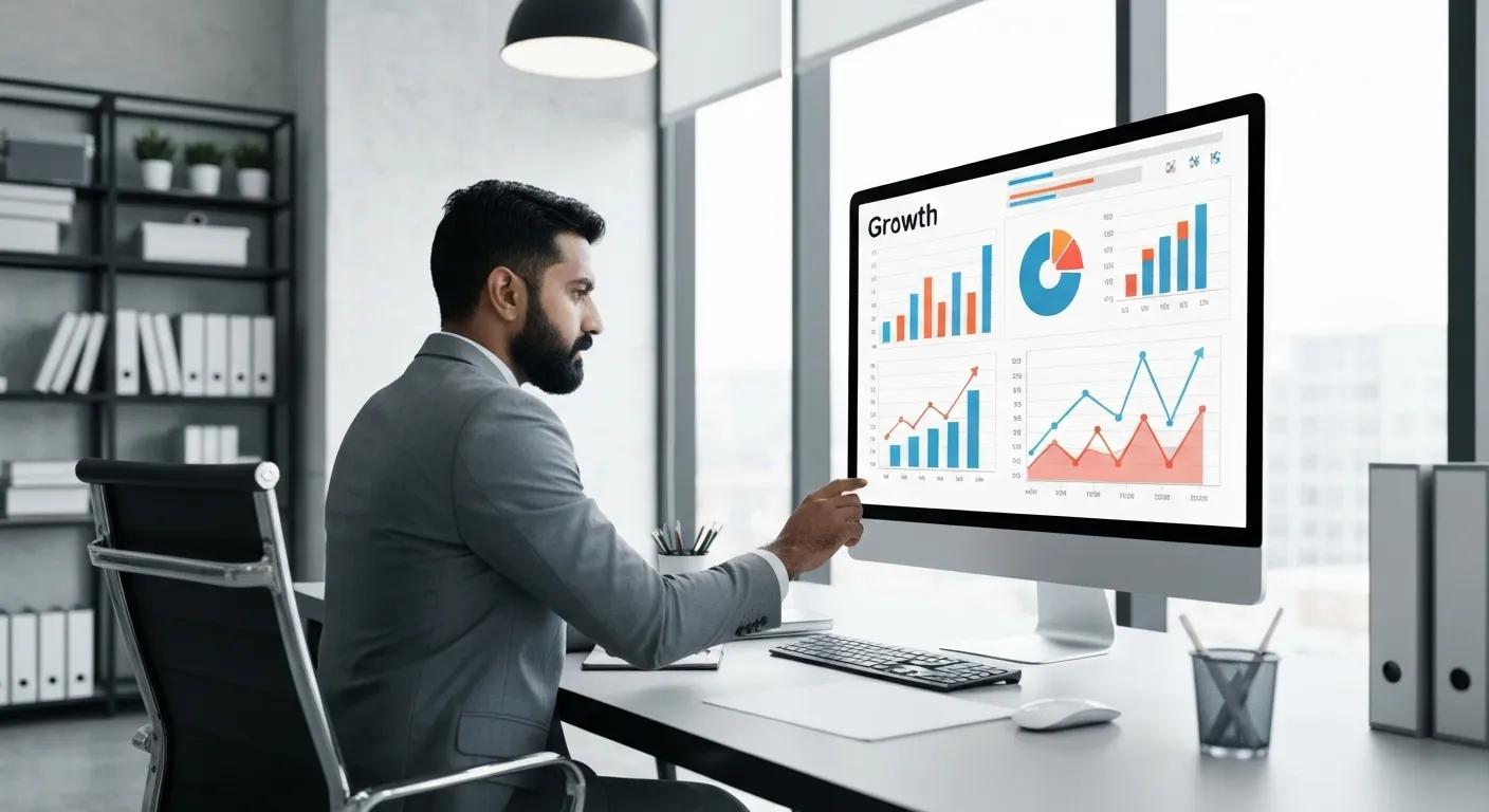 Business professional analyzing data in a modern office, symbolizing growth through Pay Per Lead services
