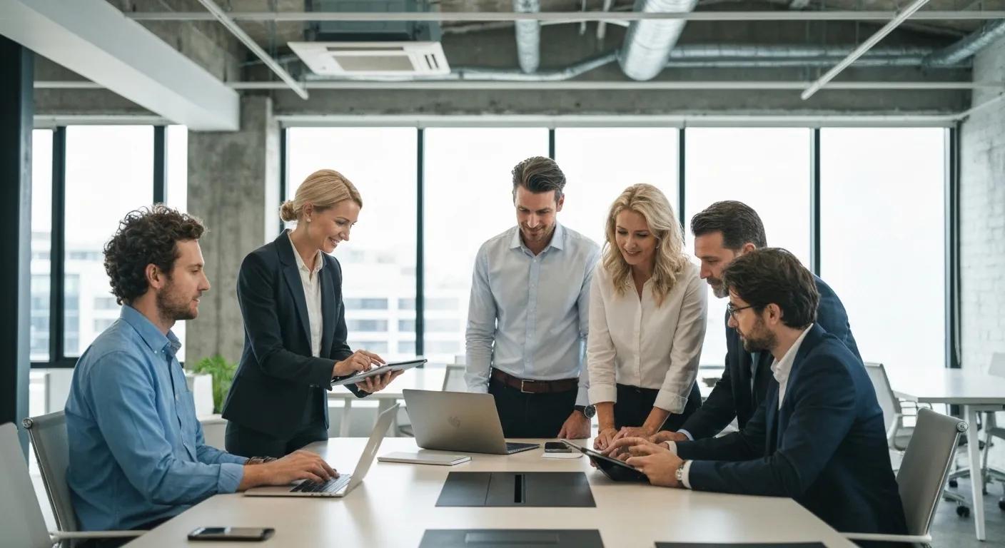 Australian business professionals collaborating on Pay Per Lead marketing strategies in a modern office