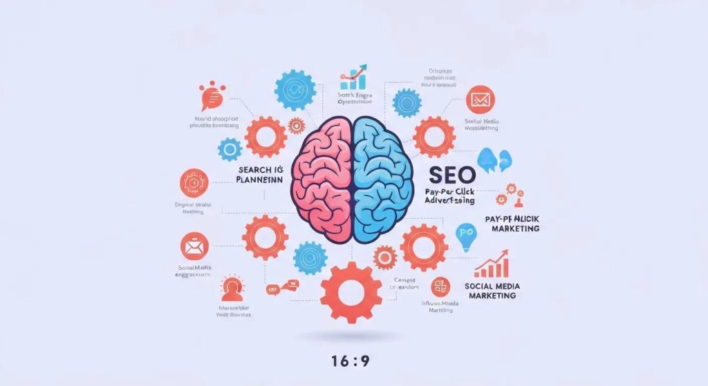 Visual representation of digital marketing services including SEO, PPC, and social media