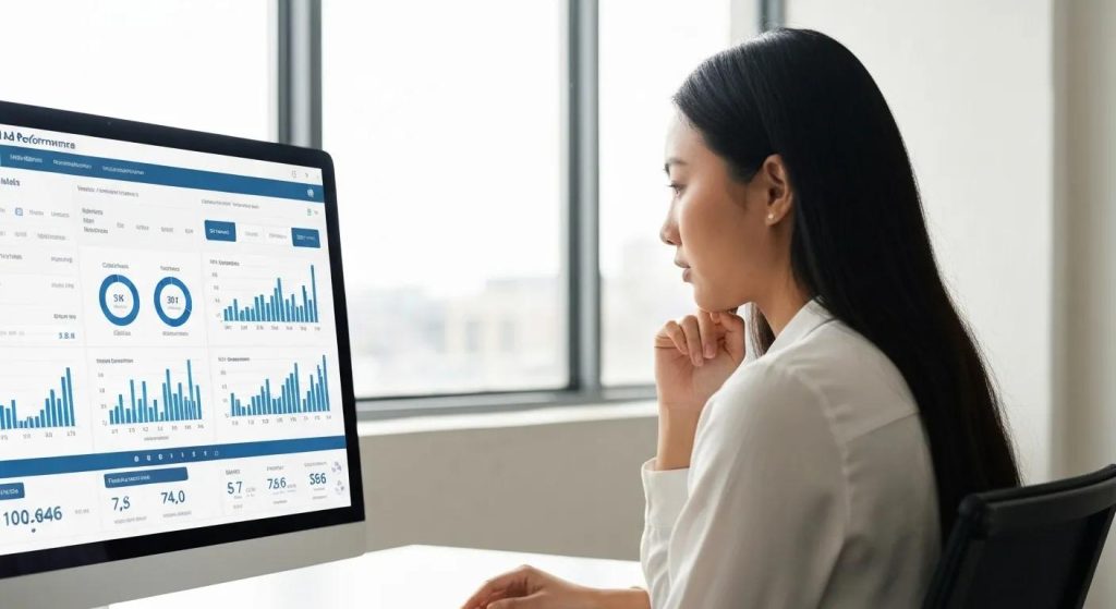 Digital marketing expert analyzing LinkedIn ad performance metrics on a computer screen