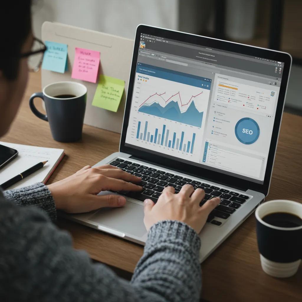 Digital marketing professional analyzing SEO data on a laptop in a creative workspace