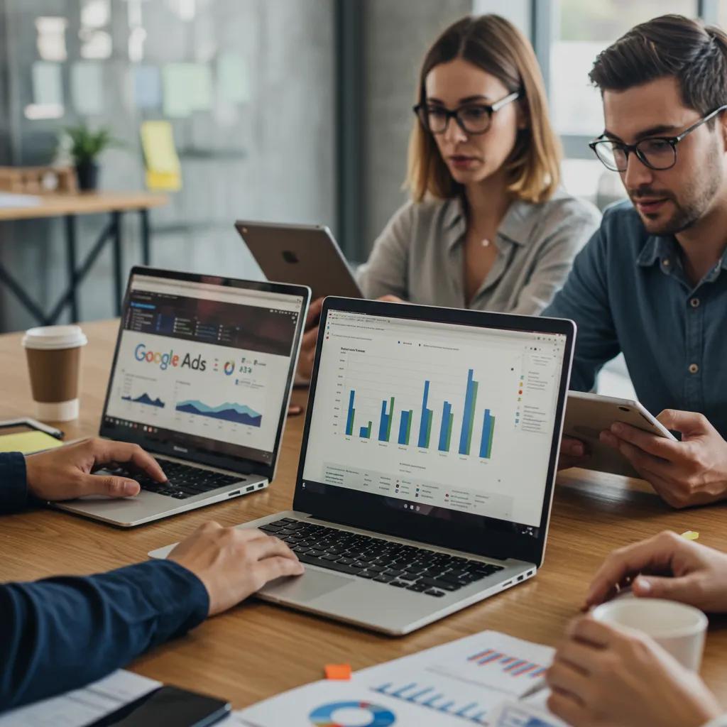 A diverse team of professionals collaborating on Google Ads strategies in a modern office environment