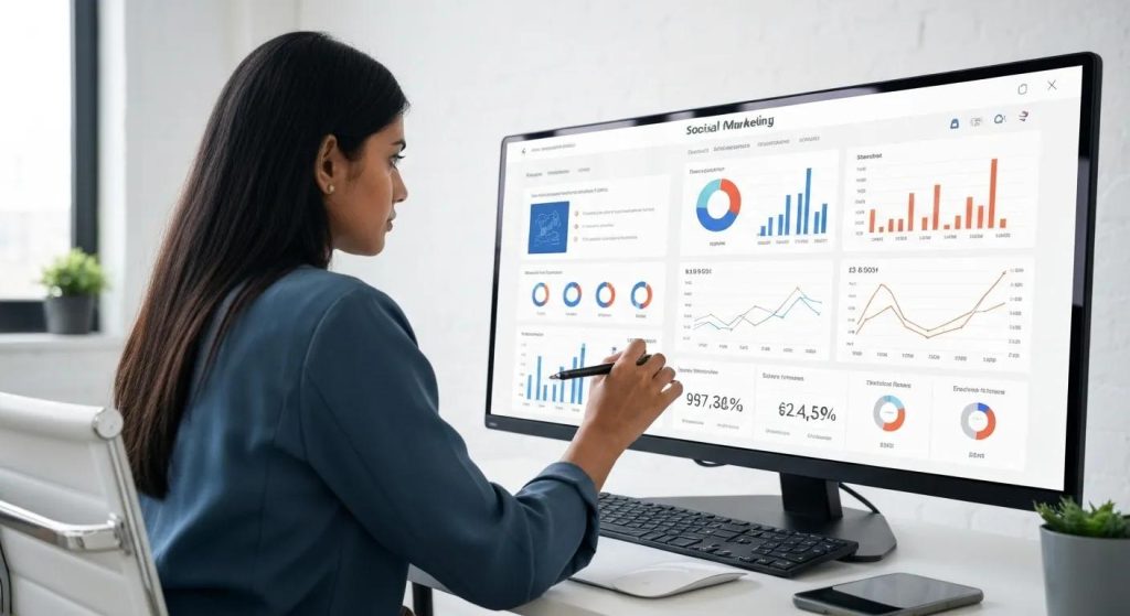 Digital marketing professional analyzing social media metrics showcasing brand awareness and engagement