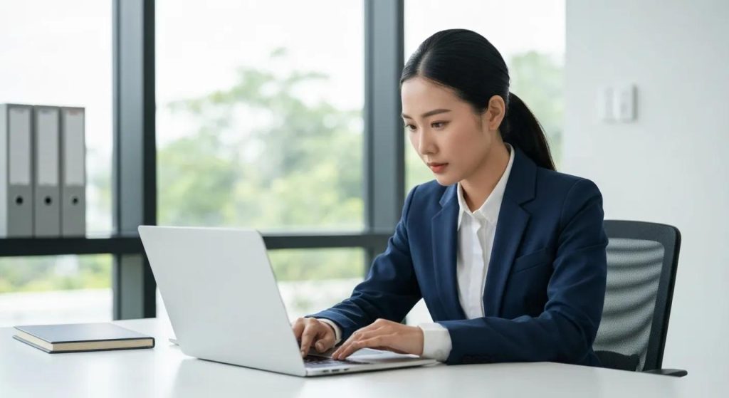 Business professional analyzing lead qualification metrics on a laptop in a modern office