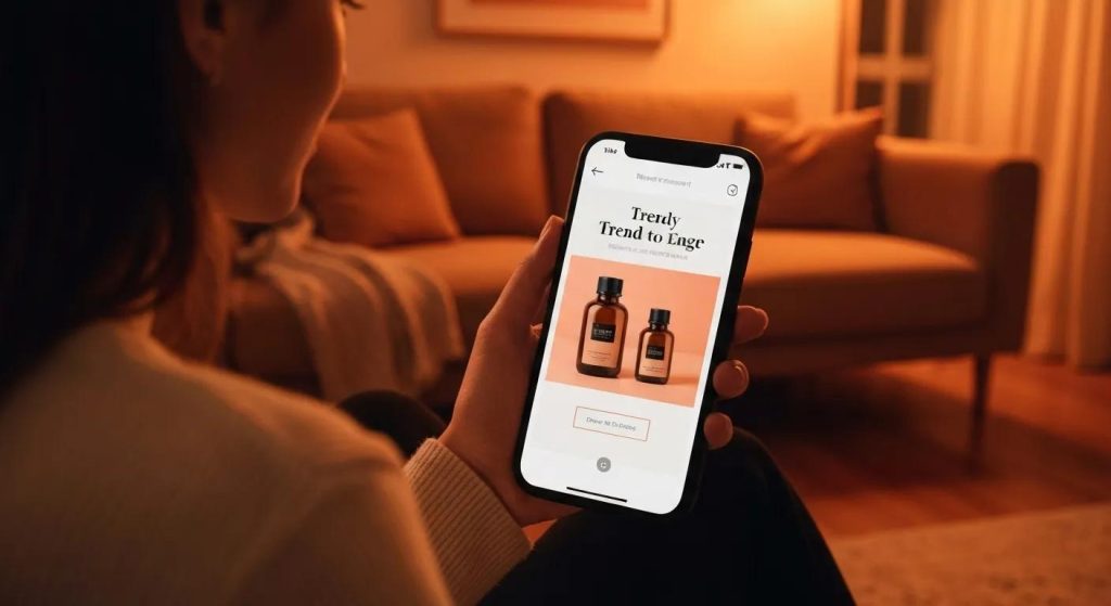 High-converting Facebook ad creative displayed on a smartphone in a cozy living room