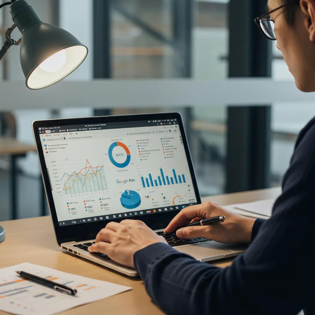 A Google Ads specialist in a modern office analysing campaign data, demonstrating a data-driven management approach
