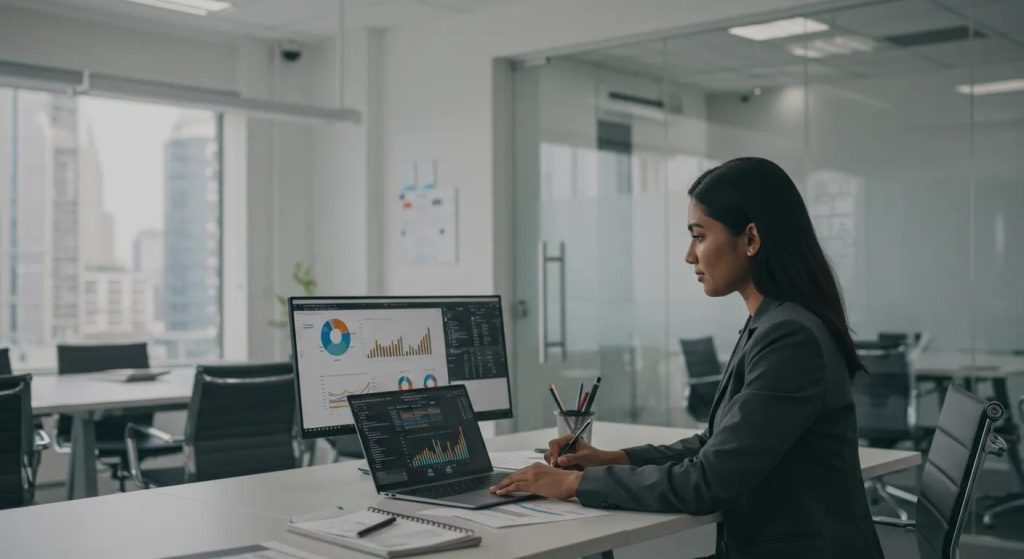 Business professional analyzing lead generation data in a modern office