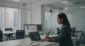 Business professional analyzing lead generation data in a modern office