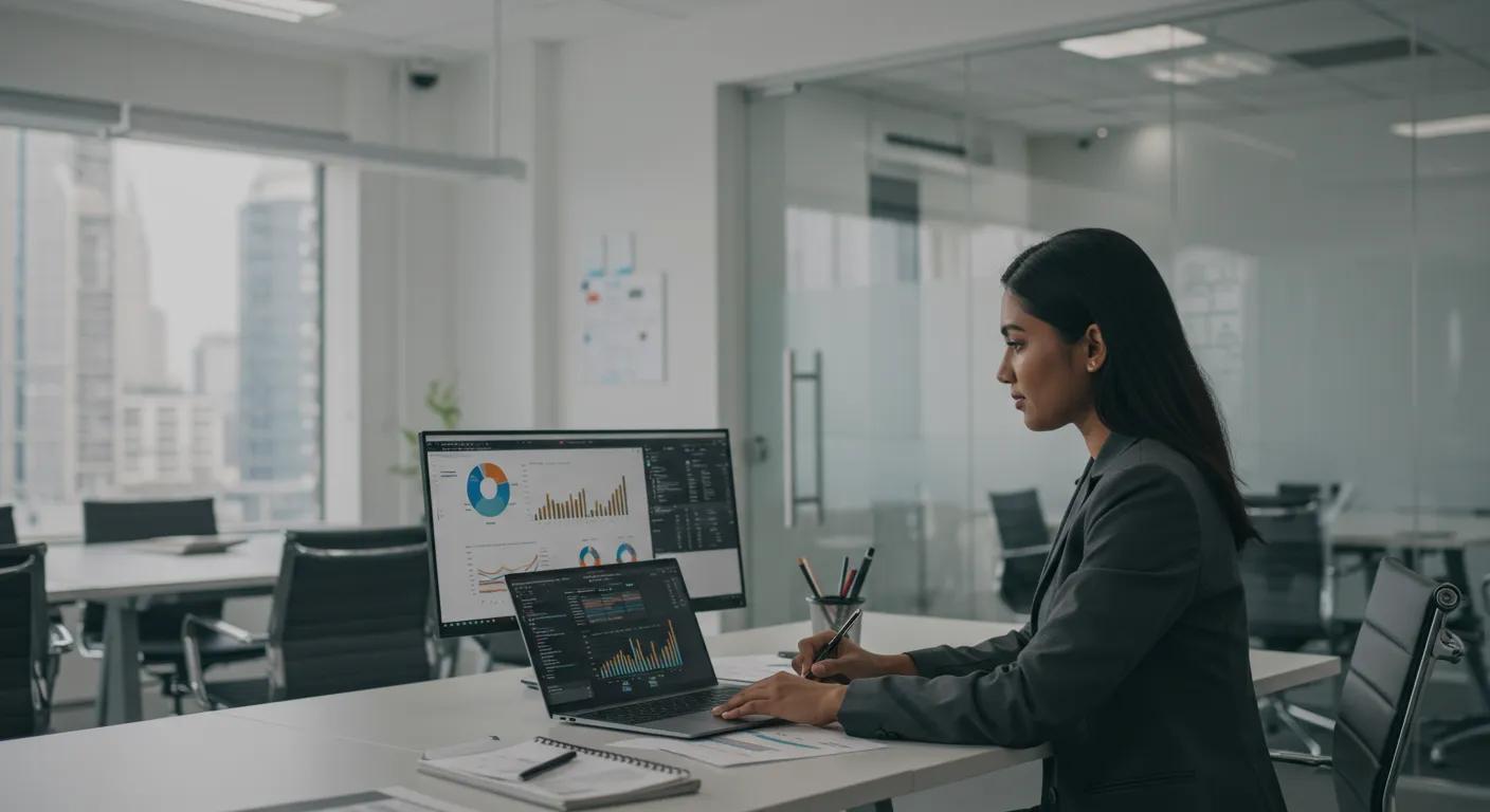 Business professional analyzing lead generation data in a modern office