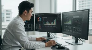 Business professional analyzing data for pay-per-lead services in a modern office