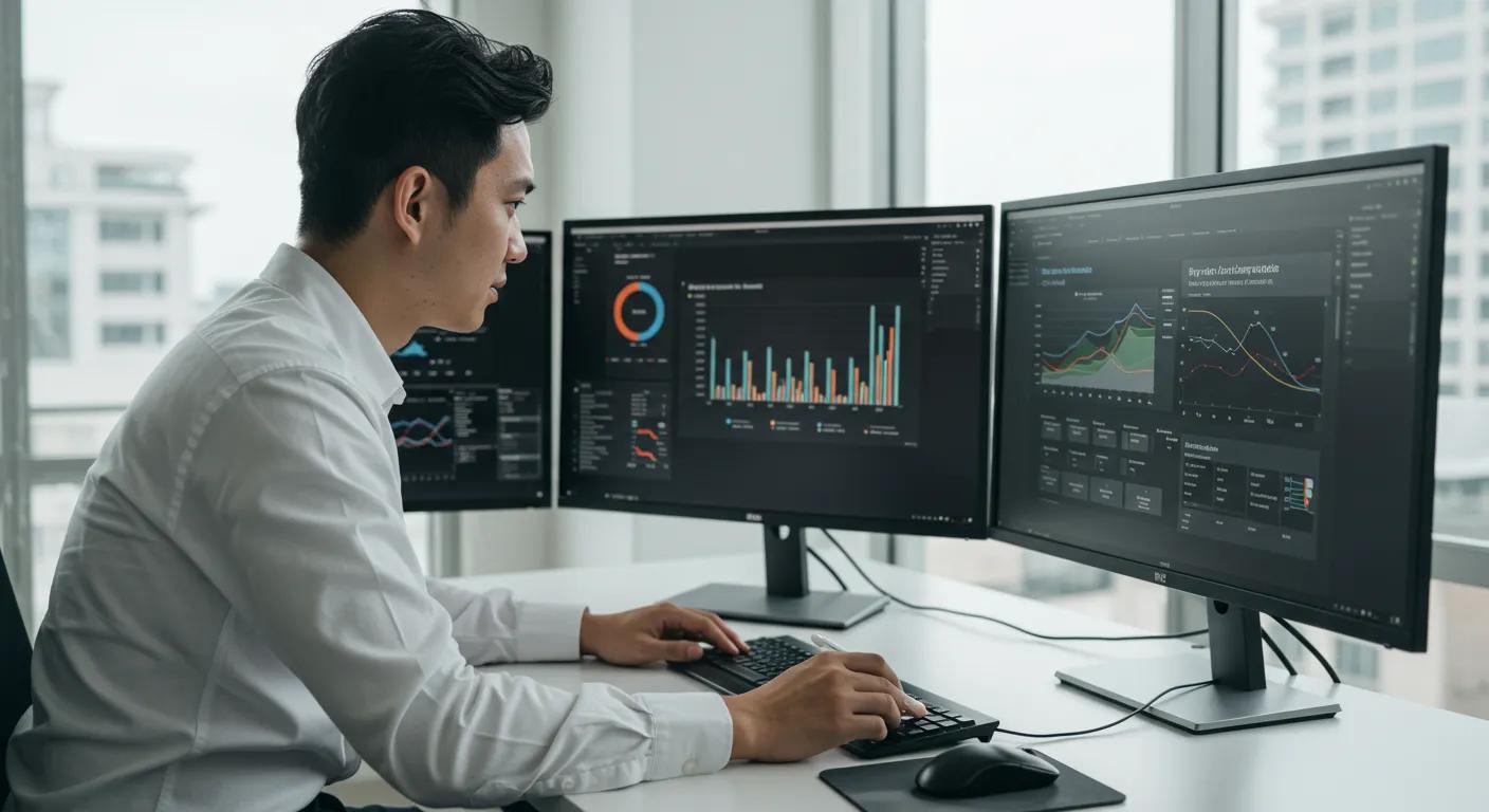 Business professional analyzing data for pay-per-lead services in a modern office