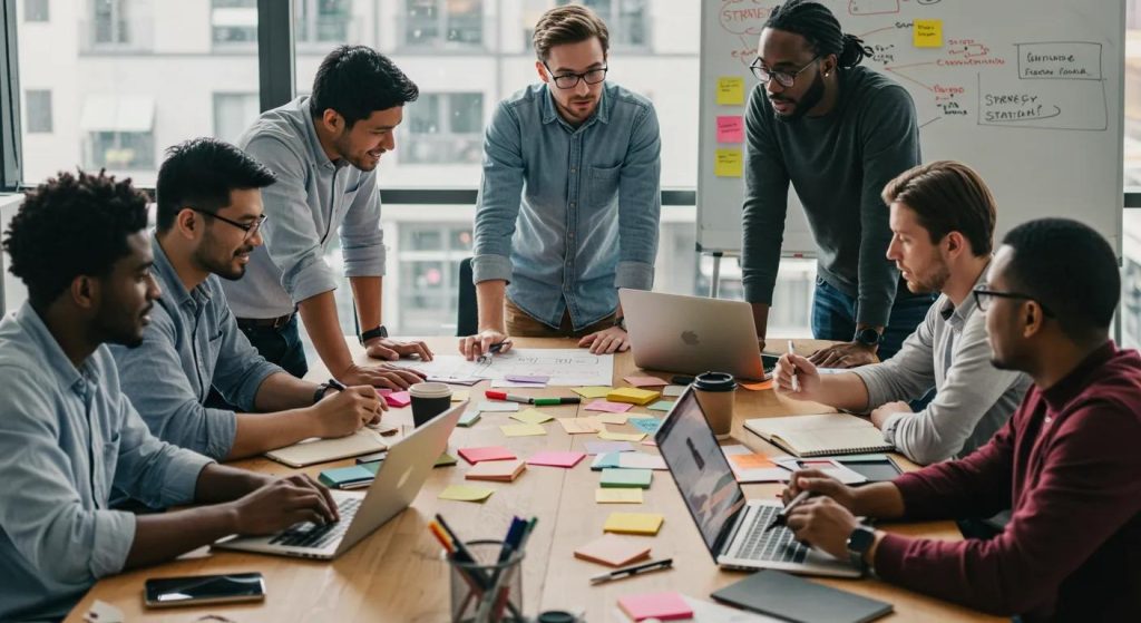 Marketing professionals engaged in an in-person strategy session with collaborative tools