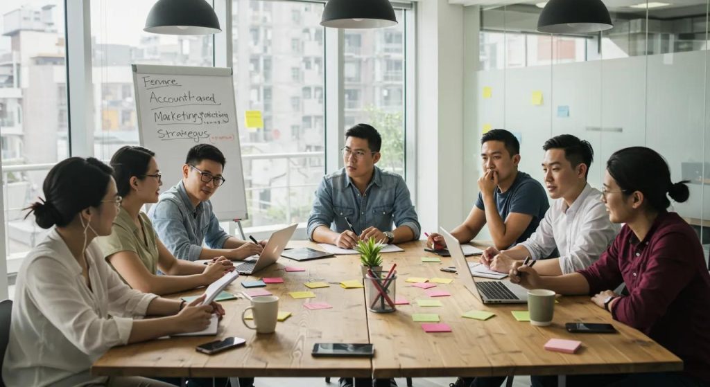 Marketing team brainstorming account-based marketing strategies for LinkedIn