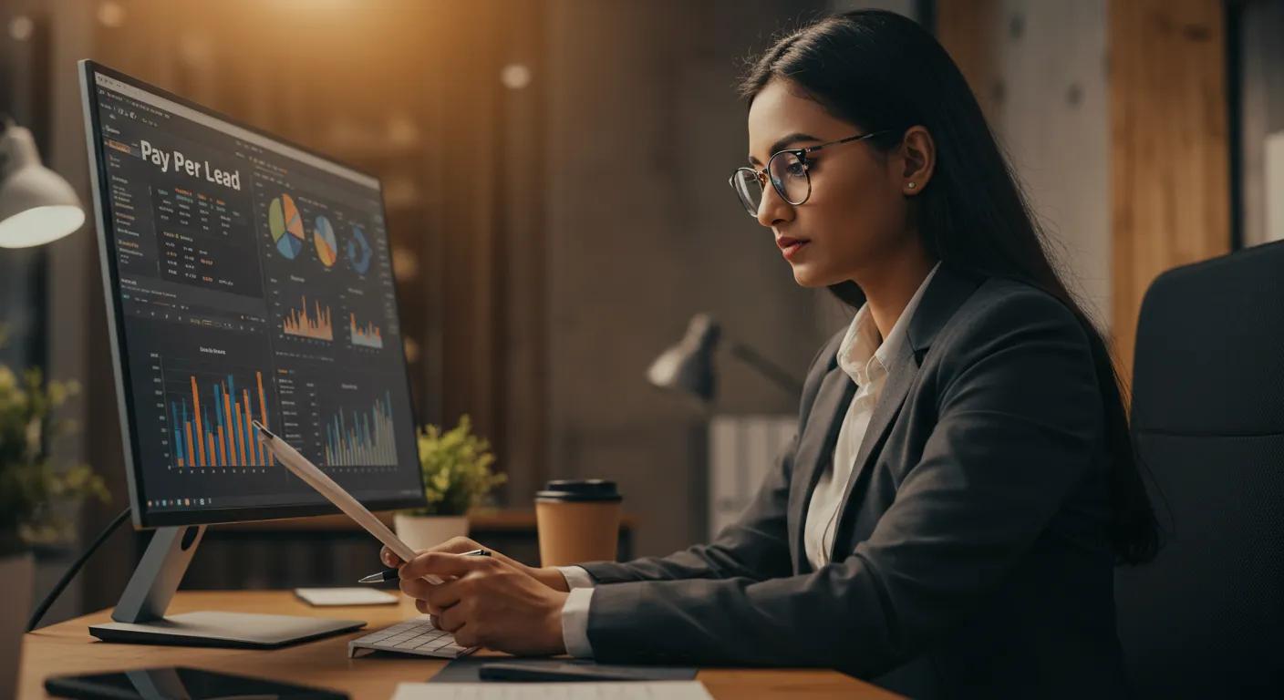 Business professional analyzing data for pay per lead marketing strategies