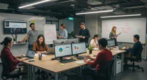 Team collaboration in a digital marketing agency showcasing teamwork and innovation