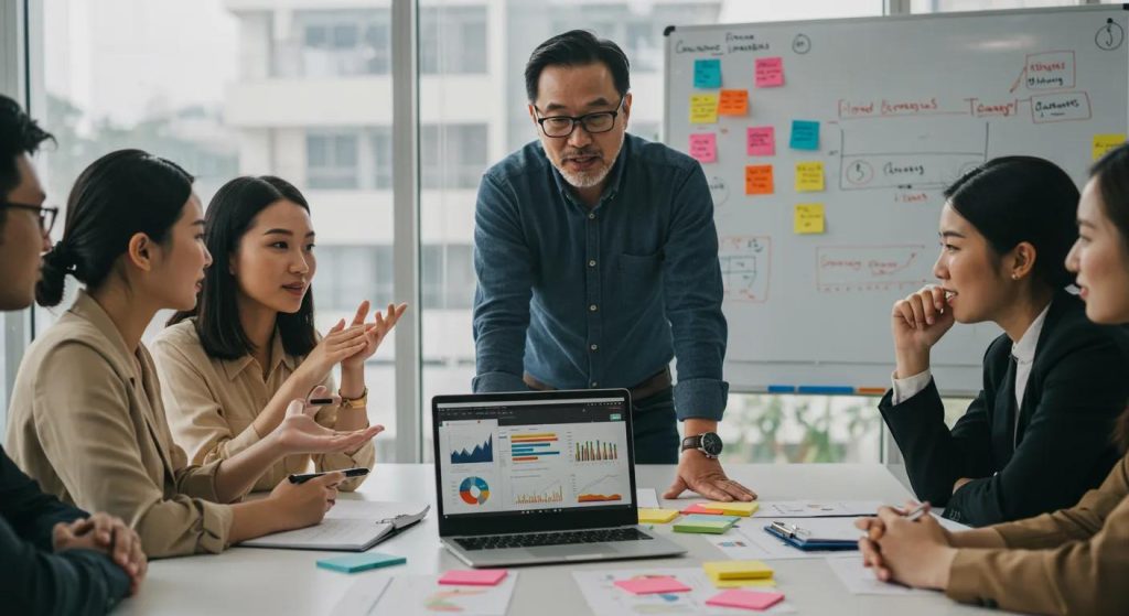 Team discussing lead quality metrics in a collaborative business meeting