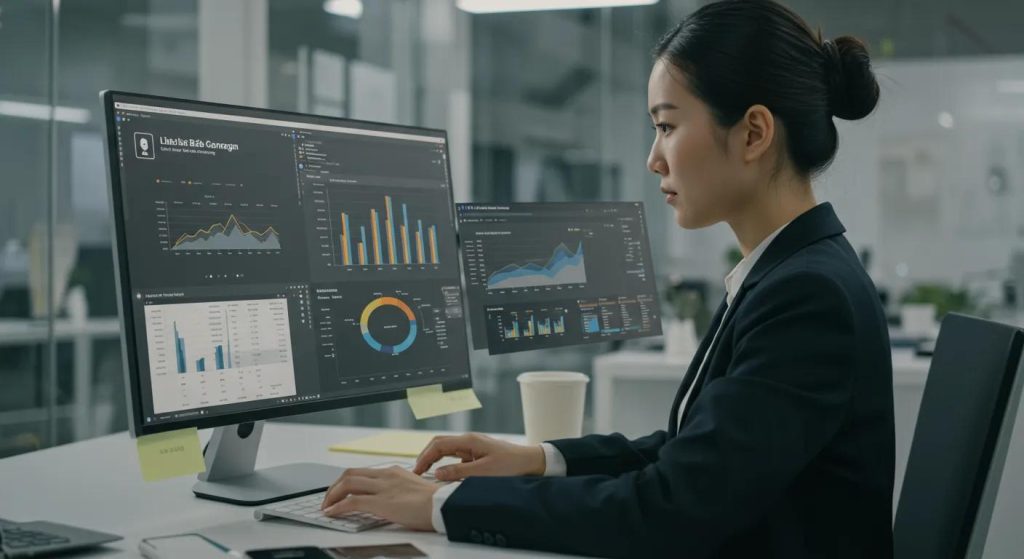 Professional analyzing data from a successful LinkedIn B2B marketing campaign