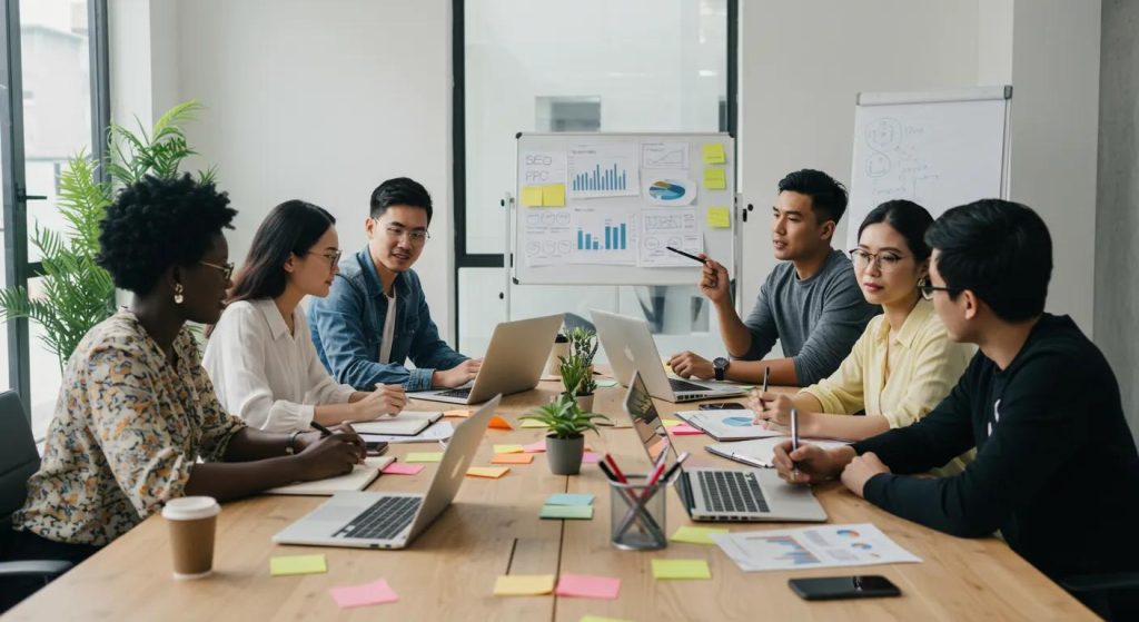 Marketing team discussing SEO, PPC, and social media strategies in a collaborative meeting