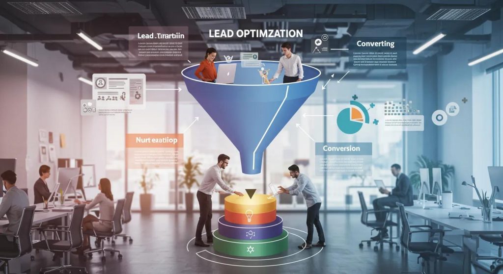 Sales funnel diagram illustrating lead optimization in a modern office setting