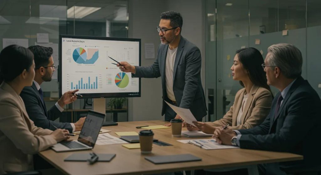 Professionals collaborating on local market data analysis in a meeting