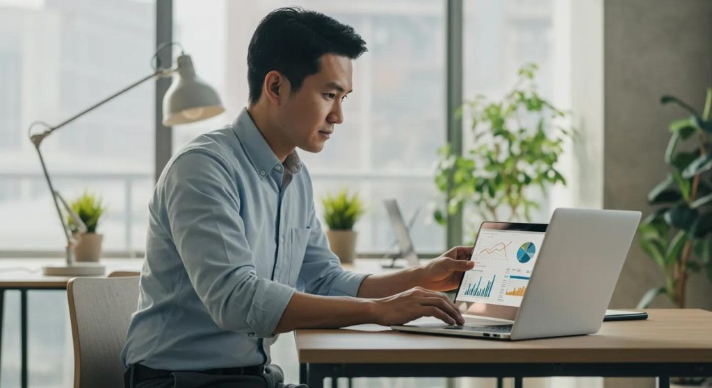 Digital marketing professional analyzing data metrics in a modern workspace