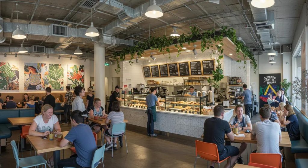 Successful Sydney café with happy customers, showcasing local branding and community engagement