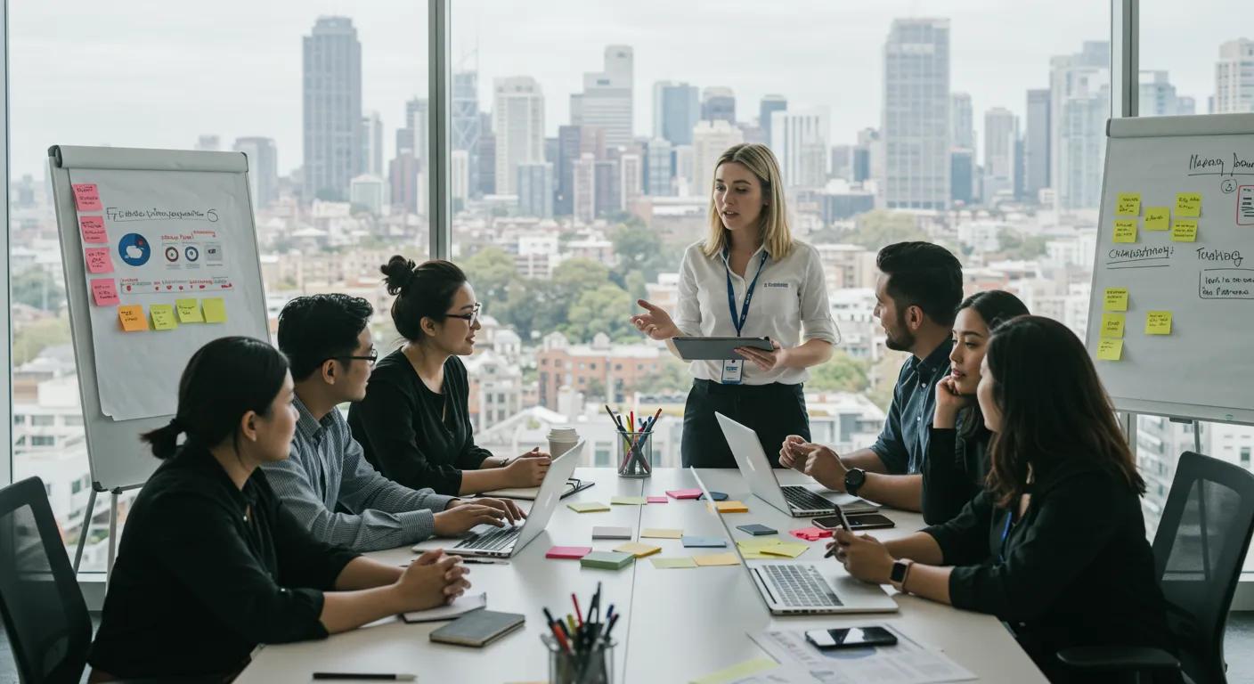 Sydney business owners collaborating with a Facebook marketing expert in a modern office