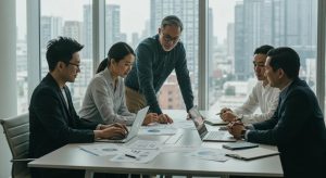 Team of marketing professionals collaborating on data-driven strategies in a modern office