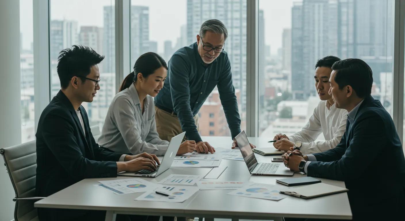 Team of marketing professionals collaborating on data-driven strategies in a modern office