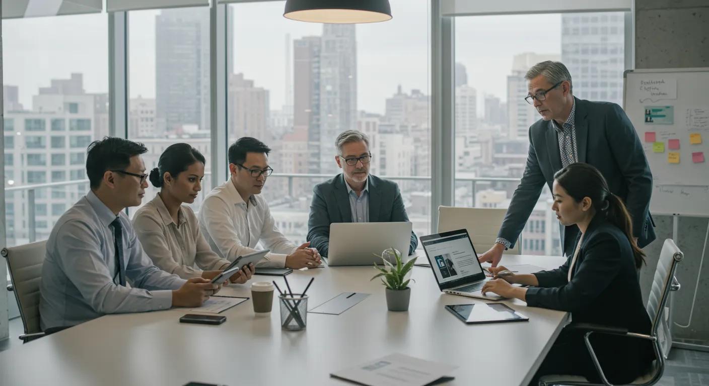 Business professionals collaborating on LinkedIn advertising strategies in a modern office setting
