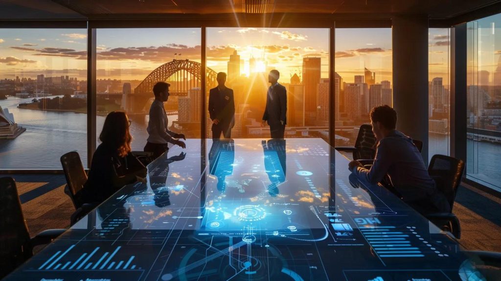 A dramatic, ultra-realistic widescreen banner image of a team of digital strategists gathered around a sleek glass table in a modern Sydney office, reviewing a large holographic-style projection of marketing data, customer journey maps, and growth pathways. The floor-to-ceiling windows reveal a sweeping view of Sydney Harbour and the CBD skyline under a soft dawn glow. Warm sunlight highlights the room while the projection casts cool blue reflections on the table. The atmosphere conveys strategic vision, collaboration, and momentum. Cinematic wide-angle framing, high clarity, realistic lighting, no text.