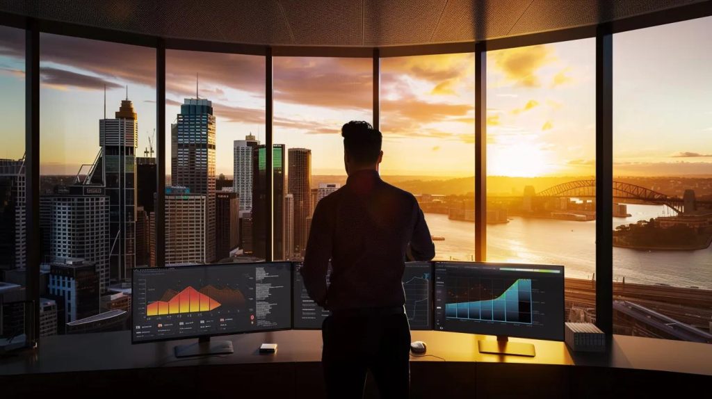 A dramatic, ultra-realistic widescreen banner image of a professional Sydney growth marketer analysing performance dashboards on multiple sleek monitors in a modern high-rise office overlooking the Sydney CBD skyline at sunrise. Soft golden light reflects off glass buildings, casting long shadows across the harbour. Data visualisations glow subtly on the screens, highlighting graphs and growth trends without any text. The scene feels strategic, focused, and forward-thinking, capturing the energy of Sydney’s business landscape and the precision of data-driven growth marketing. Cinematic wide-angle composition, high detail, crisp reflections, professional colour grading.