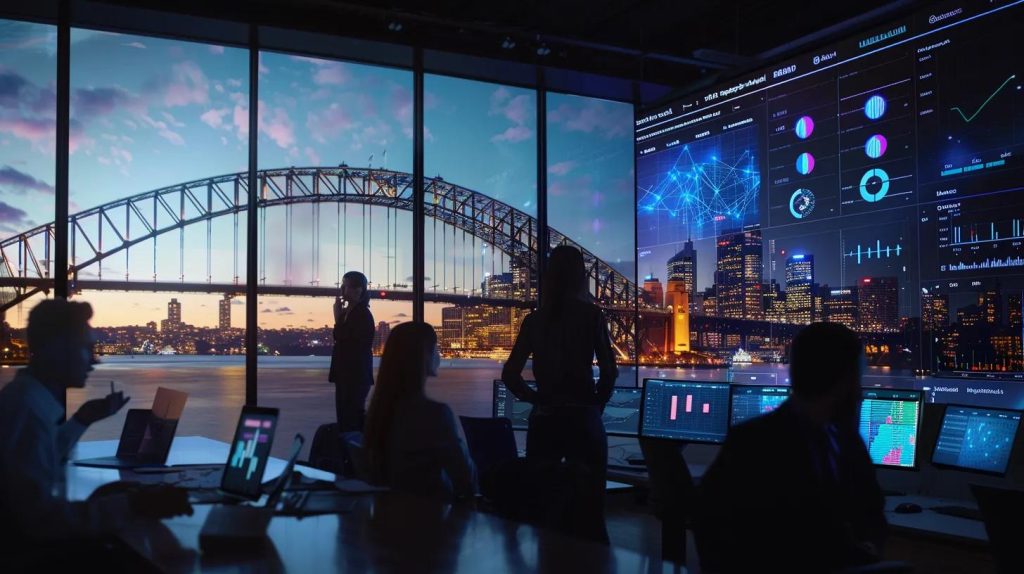 A dramatic, ultra-realistic widescreen banner image featuring a modern Sydney agency workspace with a diverse team of strategists collaborating around a large digital display wall showing vibrant data patterns, analytics, and campaign insights (no text). Through expansive windows, the Sydney Harbour Bridge and skyline are visible under warm late-afternoon light. The room is filled with motion and energy as team members gesture, analyse, and plan together. Subtle reflections from the screens illuminate their faces, emphasising teamwork, precision, and high-level marketing strategy. Cinematic widescreen composition, professional colour grading.