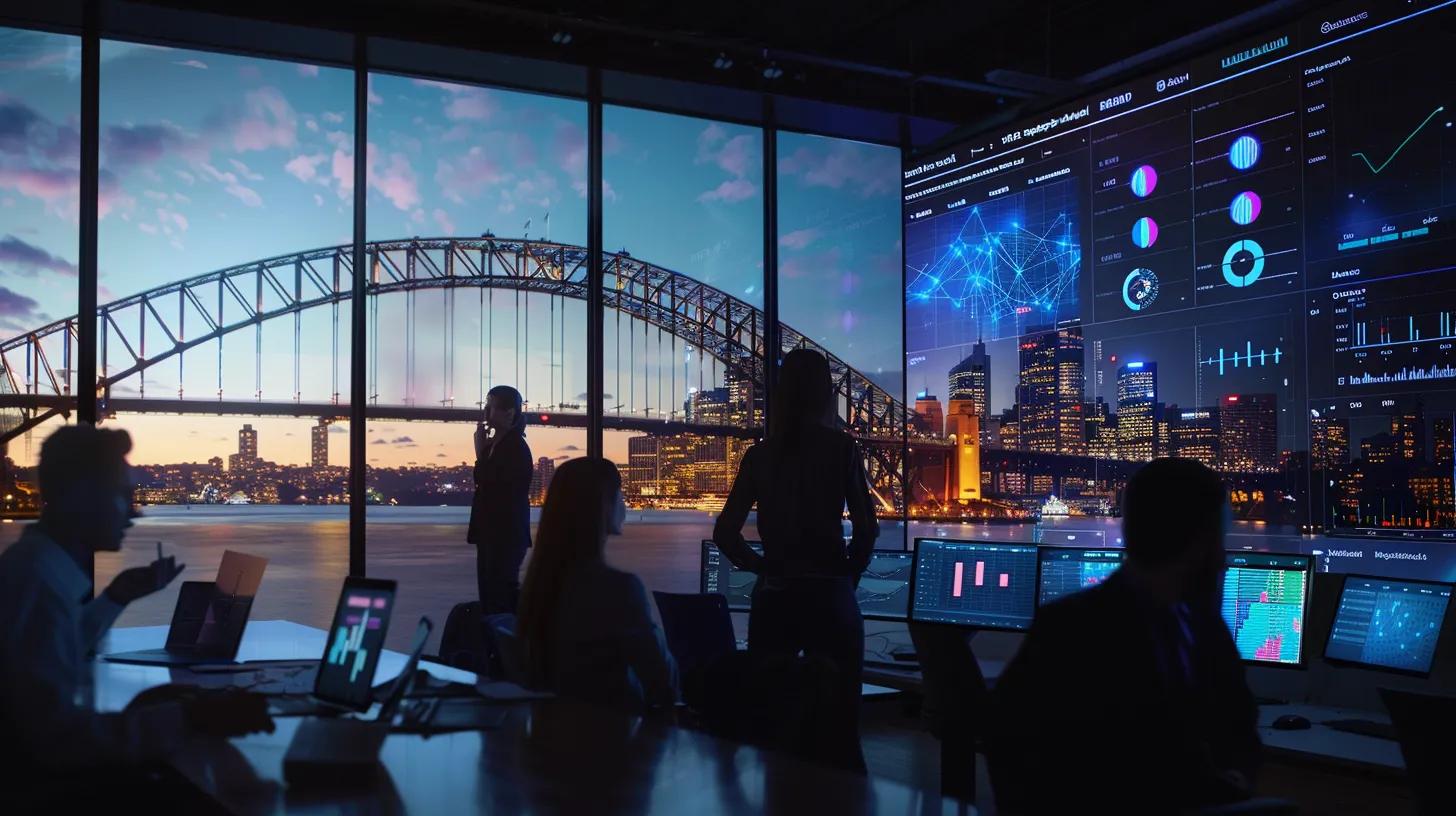 A dramatic, ultra-realistic widescreen banner image featuring a modern Sydney agency workspace with a diverse team of strategists collaborating around a large digital display wall showing vibrant data patterns, analytics, and campaign insights (no text). Through expansive windows, the Sydney Harbour Bridge and skyline are visible under warm late-afternoon light. The room is filled with motion and energy as team members gesture, analyse, and plan together. Subtle reflections from the screens illuminate their faces, emphasising teamwork, precision, and high-level marketing strategy. Cinematic widescreen composition, professional colour grading.