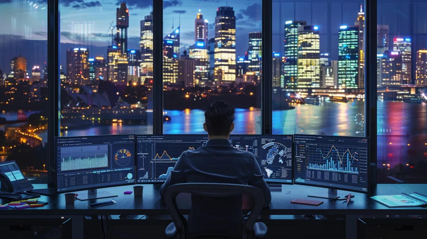 A dramatic, ultra-realistic widescreen banner image showing a digital marketing specialist working at a sleek workstation overlooking the Sydney CBD skyline at twilight. Multiple high-resolution monitors display glowing graphs, ad performance charts, and PPC data visualisations (no text). The city lights reflect across the glass surfaces, creating a blend of cool blues and warm golden tones. The scene conveys focus, technical expertise, and high-level campaign optimisation. Cinematic ultra-wide framing, crisp reflections, atmospheric lighting, sophisticated agency environment.